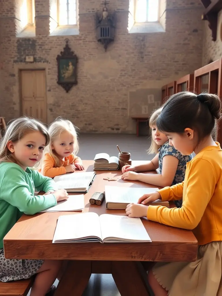 A photograph of children participating in an educational workshop about the history of La Roche Courbon, emphasizing the importance of cultural awareness.