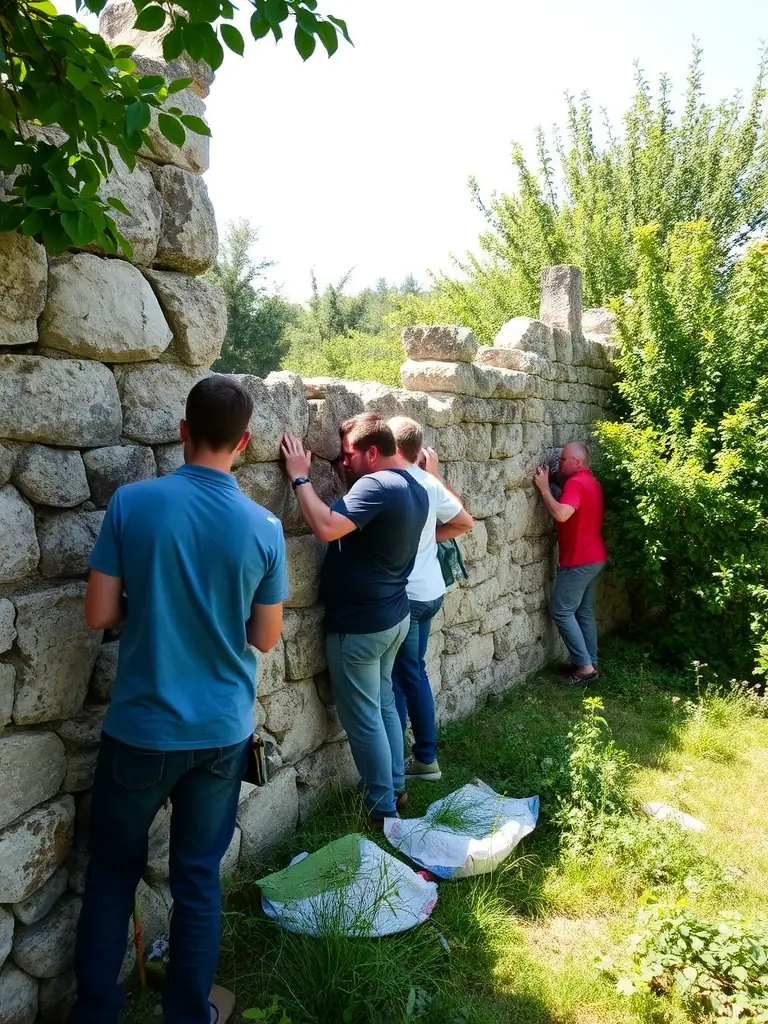 A photograph of volunteers working on the restoration of a stone wall at La Roche Courbon, showcasing the hands-on aspect of the heritage conservation program.