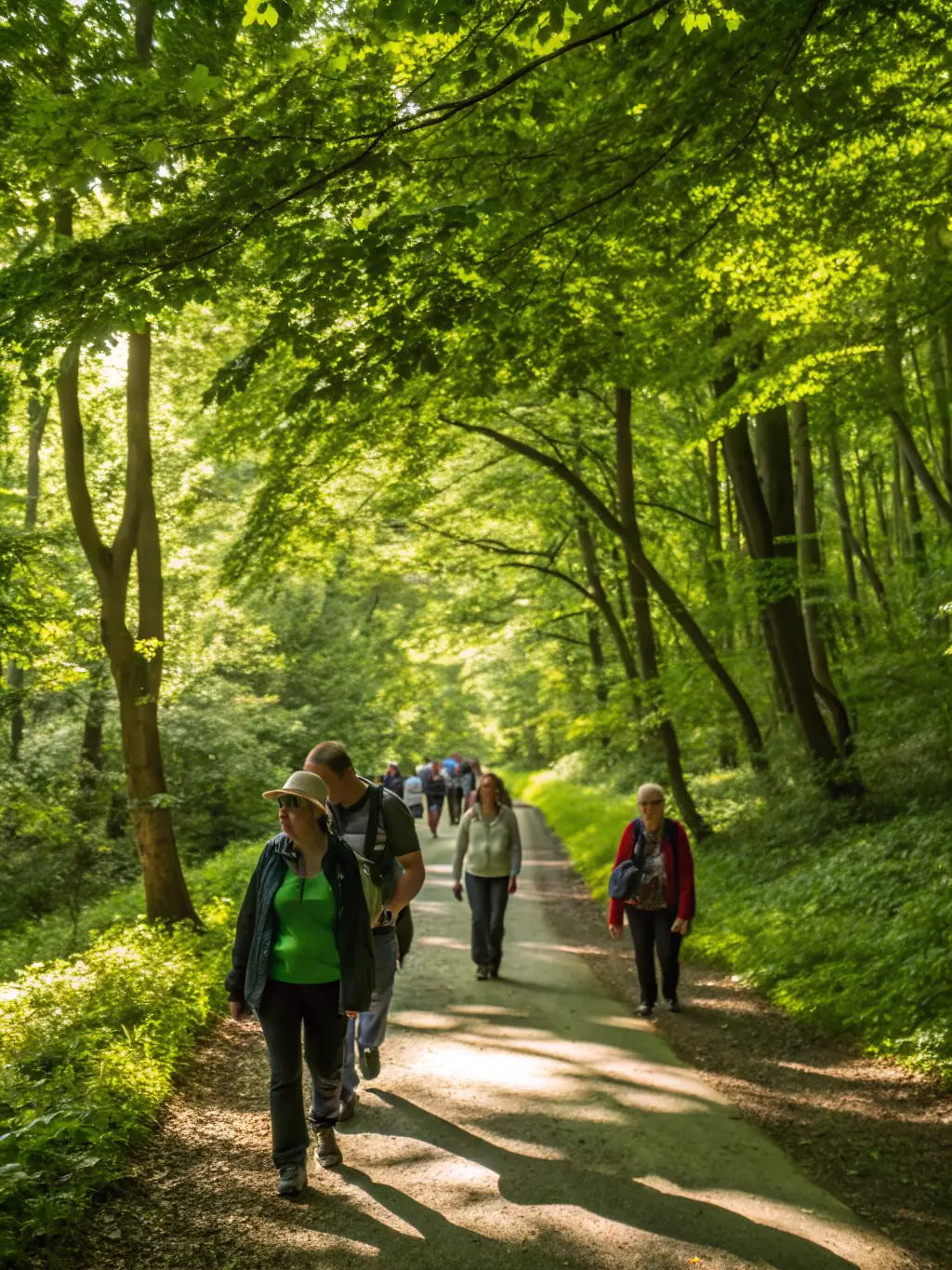 An image of a guided tour group exploring the gardens of La Roche Courbon, emphasizing the public access and engagement aspect of the organization's mission.