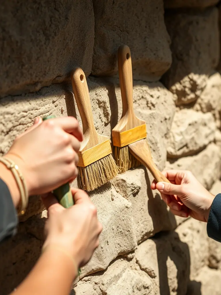 A photograph of volunteers working on the restoration of a stone wall at La Roche Courbon, showcasing community involvement in heritage preservation.
