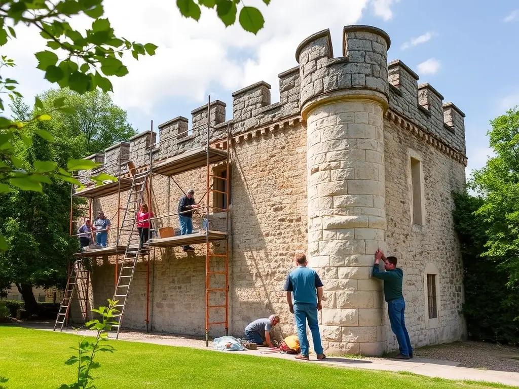 A team of conservation specialists working on restoring a historic stone wall at La Roche Courbon, with lush greenery in the background.